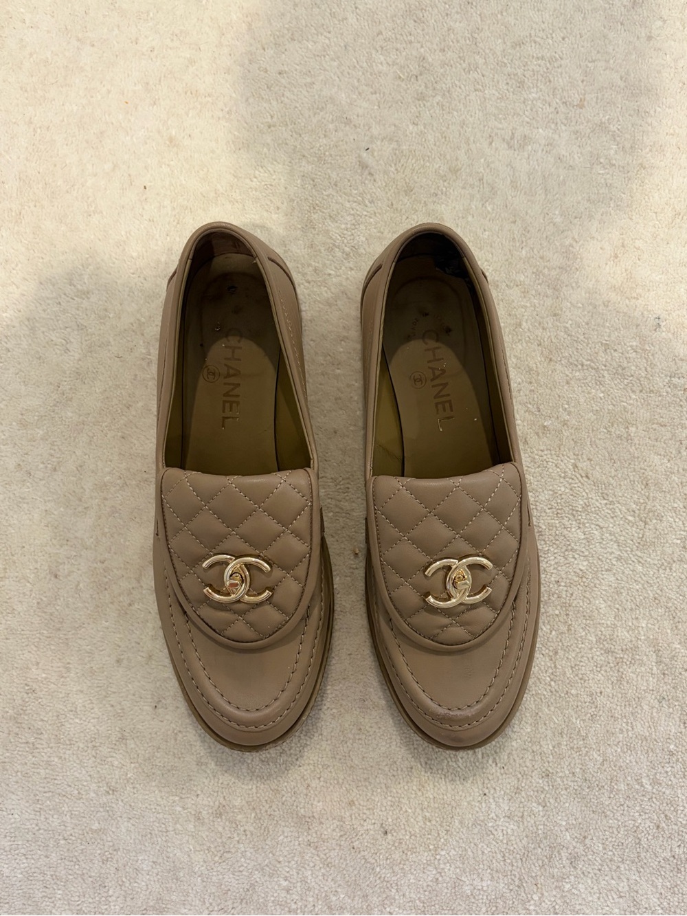 CHANEL Taupe Quilted Leather Men’s Loafers with Gold CC
